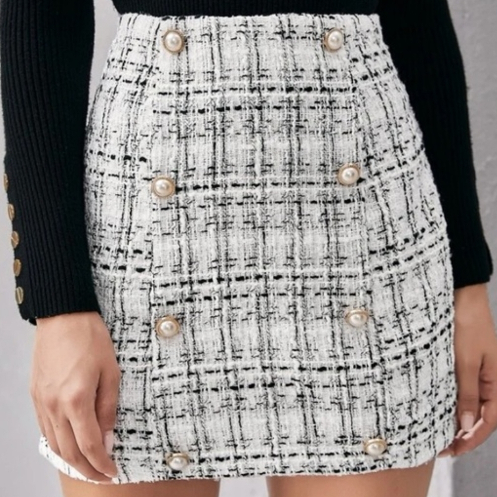 Plaid Tweed Skirt Preppy French Old Money Boucle Woven Double Button Gold Classy